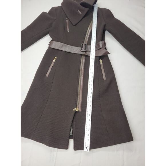 Mackage Asymmetrical Long Trench Coat Wool Coat P/S Chocolate Brown Leather - Picture 5 of 16